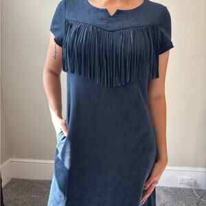 Western Boho Fringe Cowgirl Teal Midi Short Sleeve Velvet Faux Suede dress Small